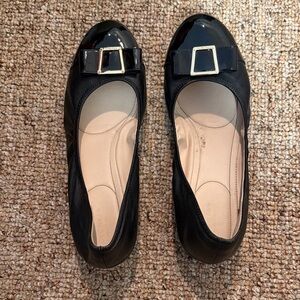 COLE HAAN Patent Leather Wedge Flats with Gold Buckle, Black,  11